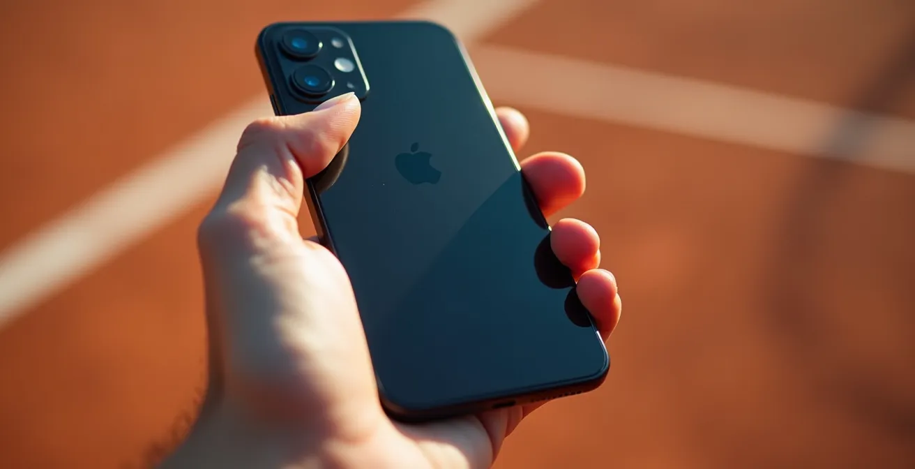 Main tenant un smartphone montrant une interface de recherche de partenaires tennis