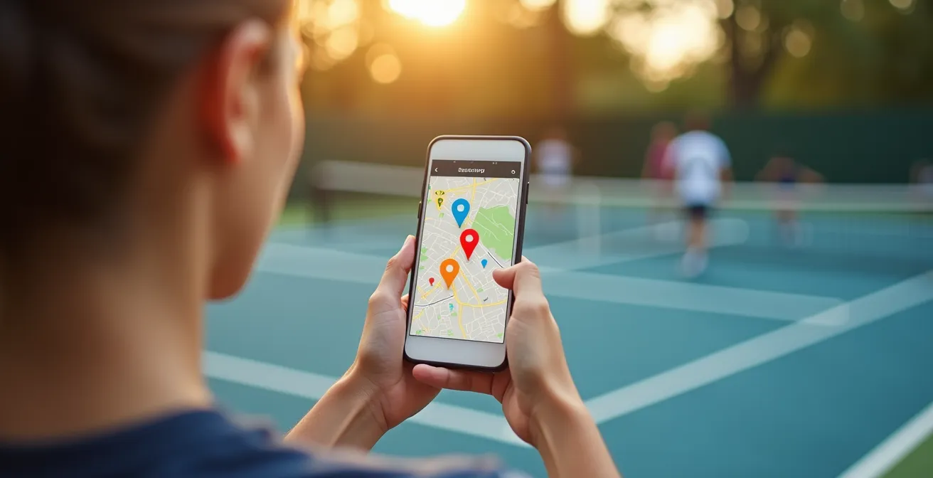 Main tenant un smartphone montrant une carte avec des points de localisation de joueurs de tennis