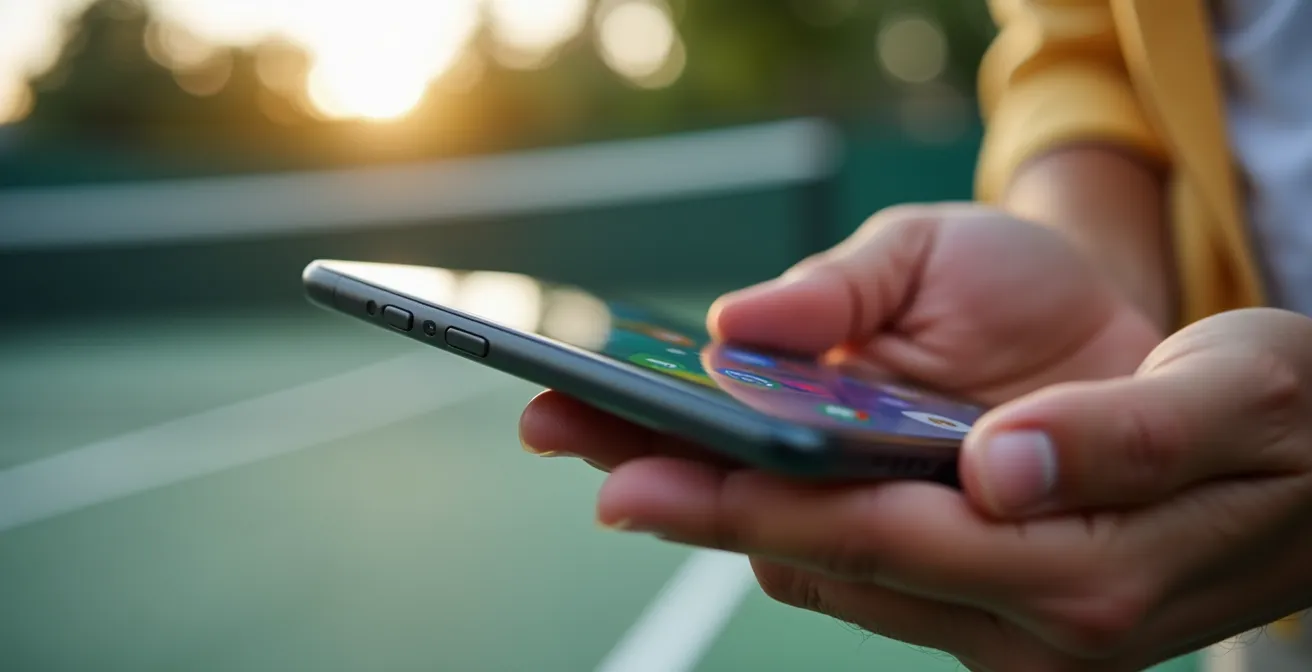 Gros plan sur des mains tenant un smartphone avec reflets colorés sur l'écran