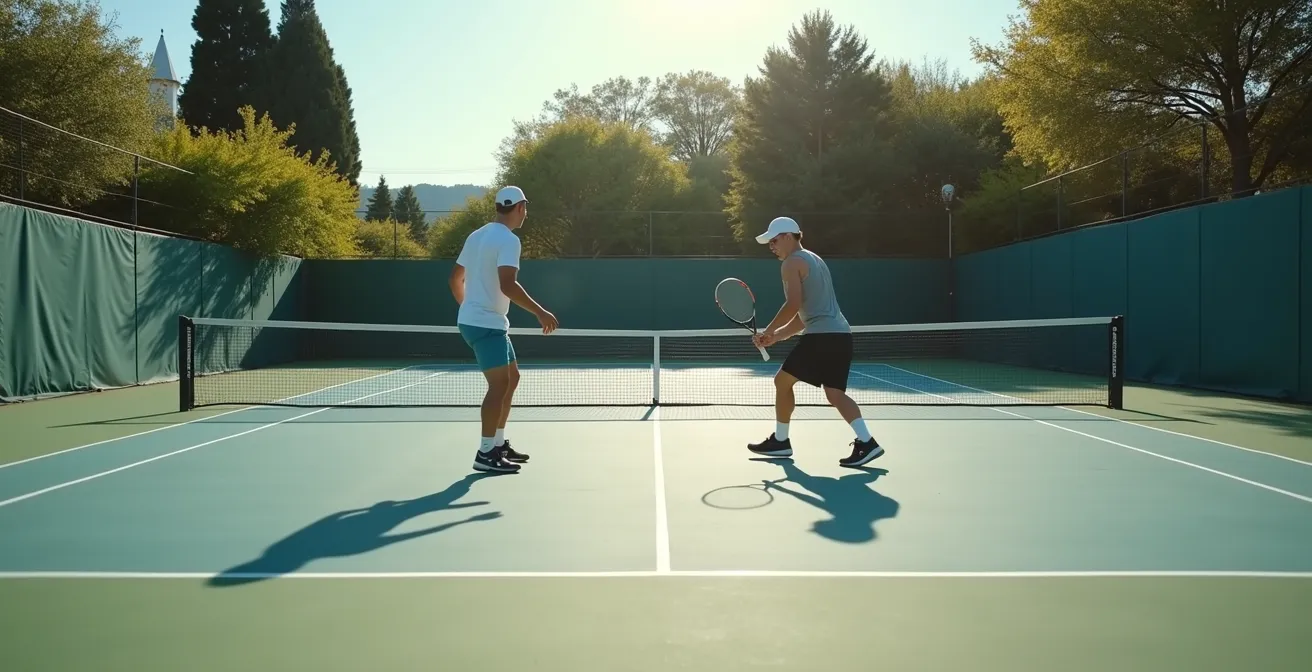 Deux joueurs de niveaux différents s'amusant sur un court de tennis avec règles adaptées