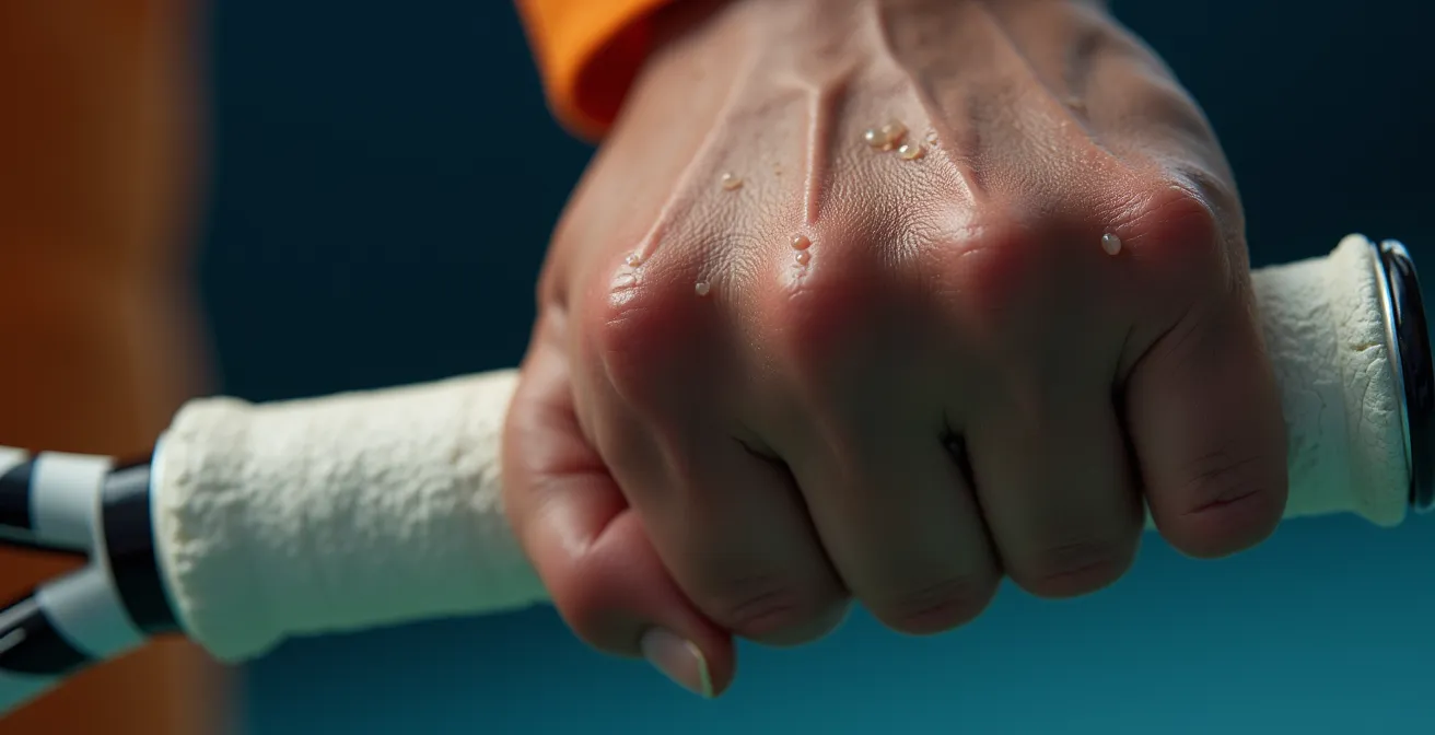 Joueur de tennis canalisant sa frustration en concentration intense