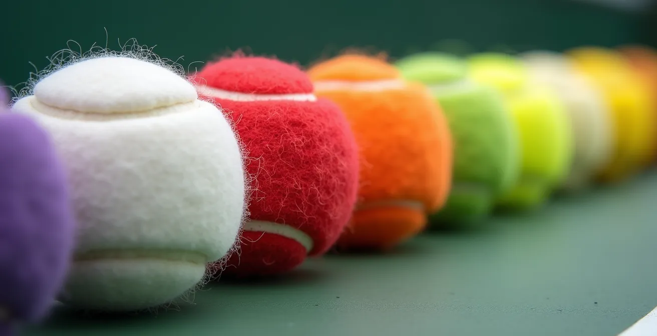 Différentes balles de tennis colorées disposées en progression sur un court