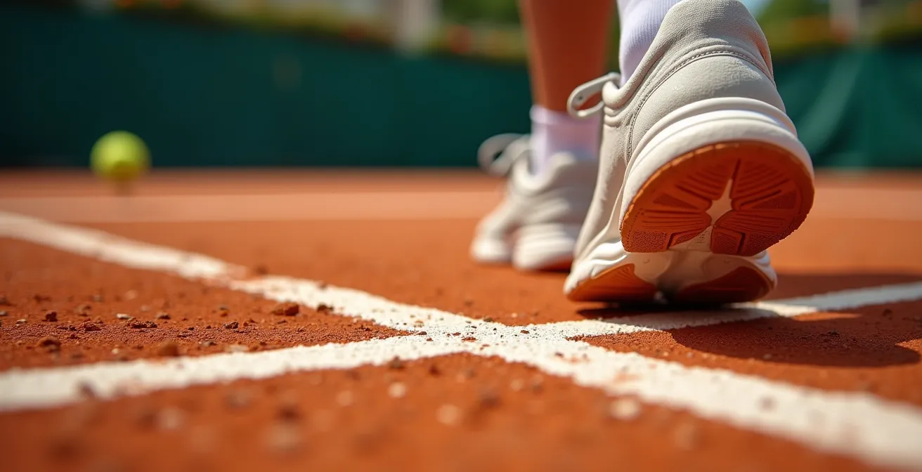 Gros plan macro sur les pieds d'un joueur de tennis sentant les lignes du court avec vision floue de la balle au loin