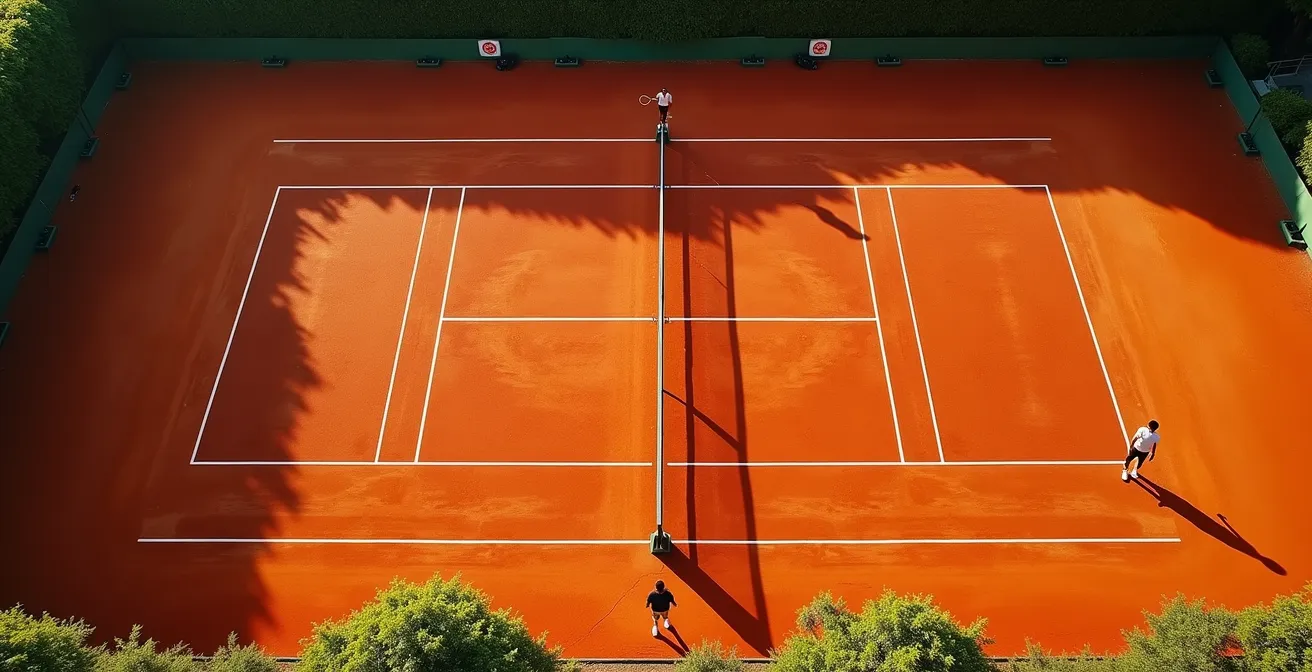 Vue aérienne d'un court de tennis montrant le concept de centre géométrique avec lignes de trajectoires possibles formant une bissectrice