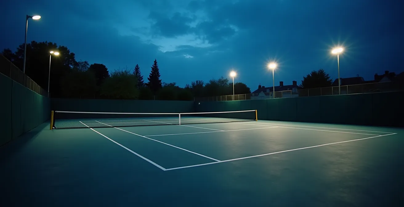 Court de tennis éclairé en soirée avec ambiance atmosphérique