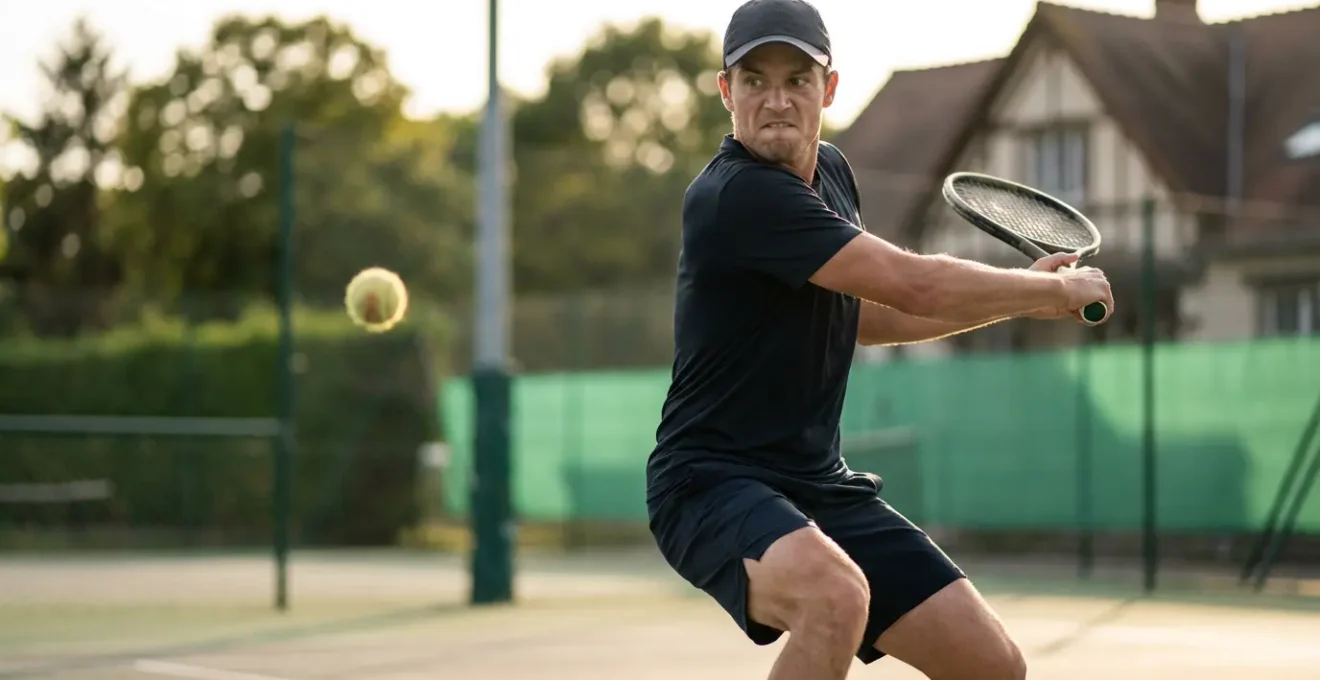 Joueur de tennis ajustant sa position pour frapper une balle usée