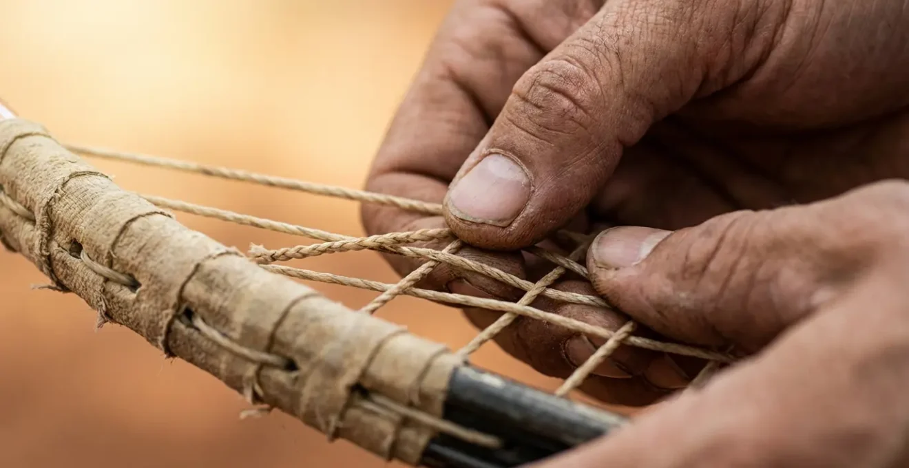 Gros plan sur les mains d'un joueur de tennis ajustant les cordages de sa raquette dans un geste rituel de recentrage
