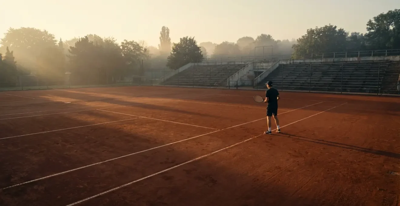 Joueur de tennis seul sur un court, en position de service, incarnant l'autonomie acquise