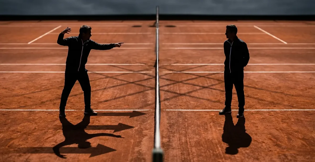 Capitaine de tennis conseillant son joueur pendant le changement de côté