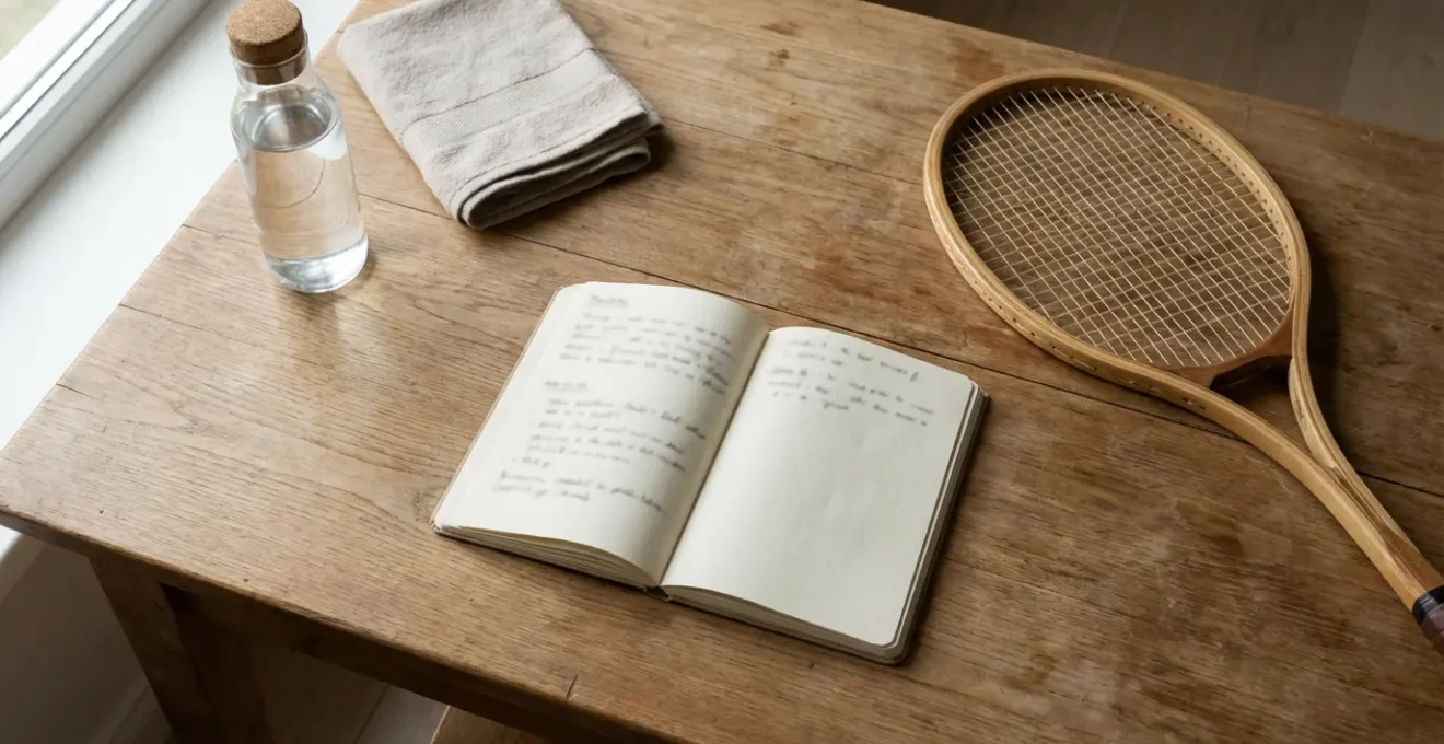 Vue aérienne minimaliste d'un carnet ouvert sur une table avec des notes structurées et une raquette posée à côté
