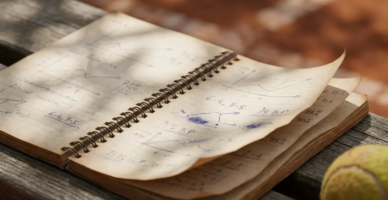 Carnet d'analyse de performance posé sur un banc de tennis avec statistiques manuscrites
