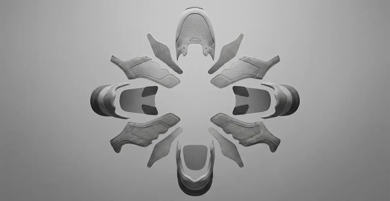 Schéma anatomique d'une chaussure de tennis montrant les zones de renfort et d'usure typiques