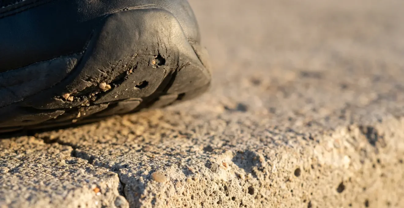 Vue rapprochée d'une semelle de chaussure de sport usée sur béton poreux montrant les zones de perforation