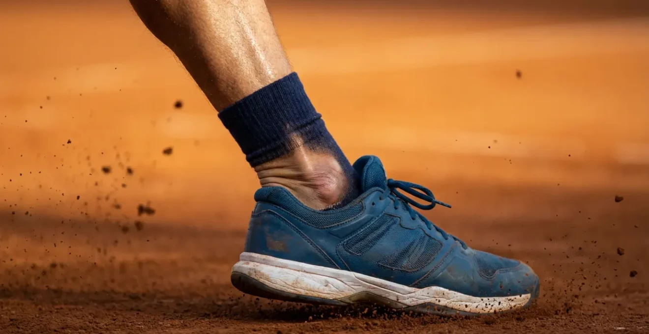Gros plan sur une cheville en tension lors d'un mouvement de glissade sur terre battue avec des chaussures inadaptées