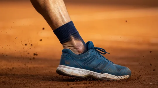 Gros plan sur une cheville en tension lors d'un mouvement de glissade sur terre battue avec des chaussures inadaptées