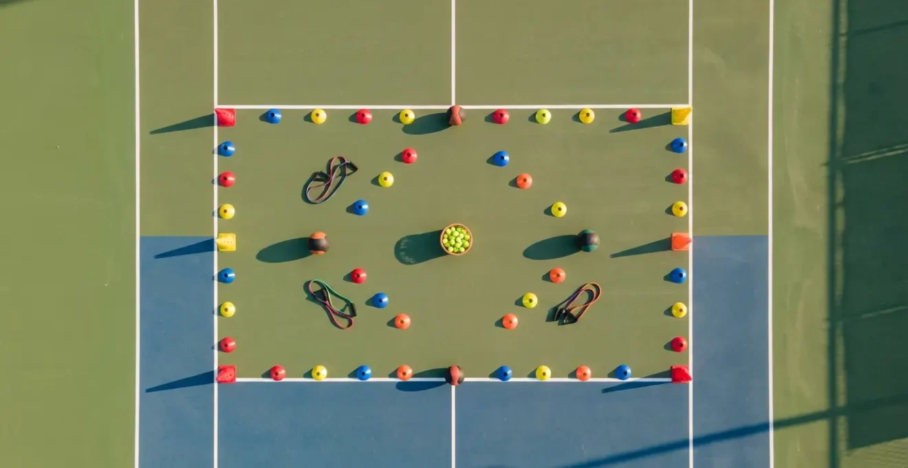 Vue aérienne d'un court de tennis avec parcours d'entraînement marqué par des cônes colorés