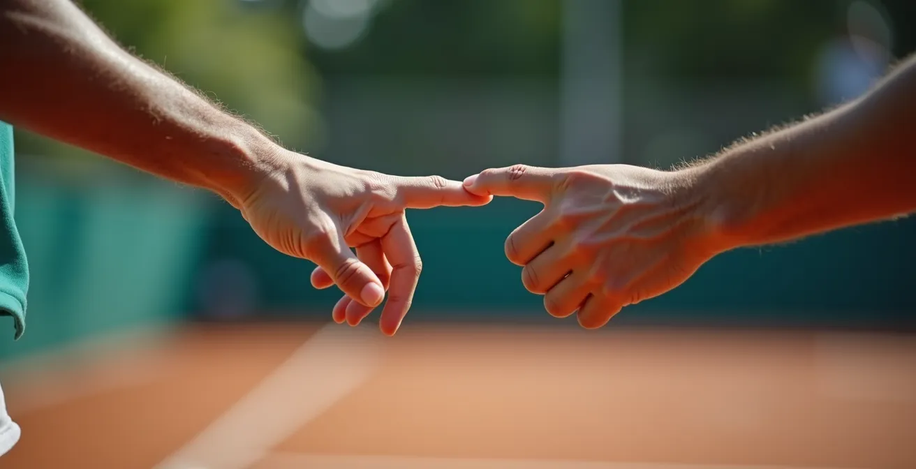Gros plan sur les mains de joueurs effectuant des signaux tactiques discrets pendant un match de double