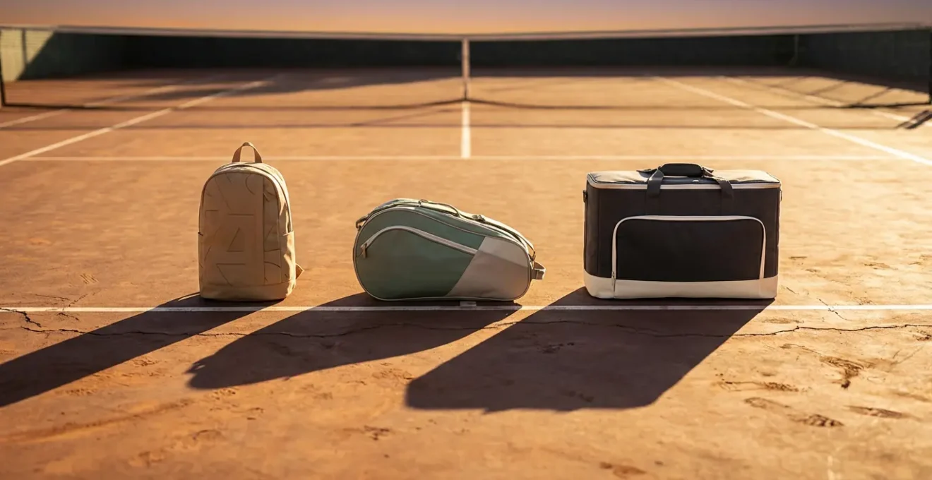 Trois types de sacs de tennis alignés montrant la progression selon le niveau du joueur