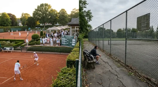 Deux joueurs de tennis sur un court en terre battue français, l'un portant une tenue de club avec écusson, l'autre en tenue décontractée, symbolisant la différence entre licencié FFT et joueur occasionnel