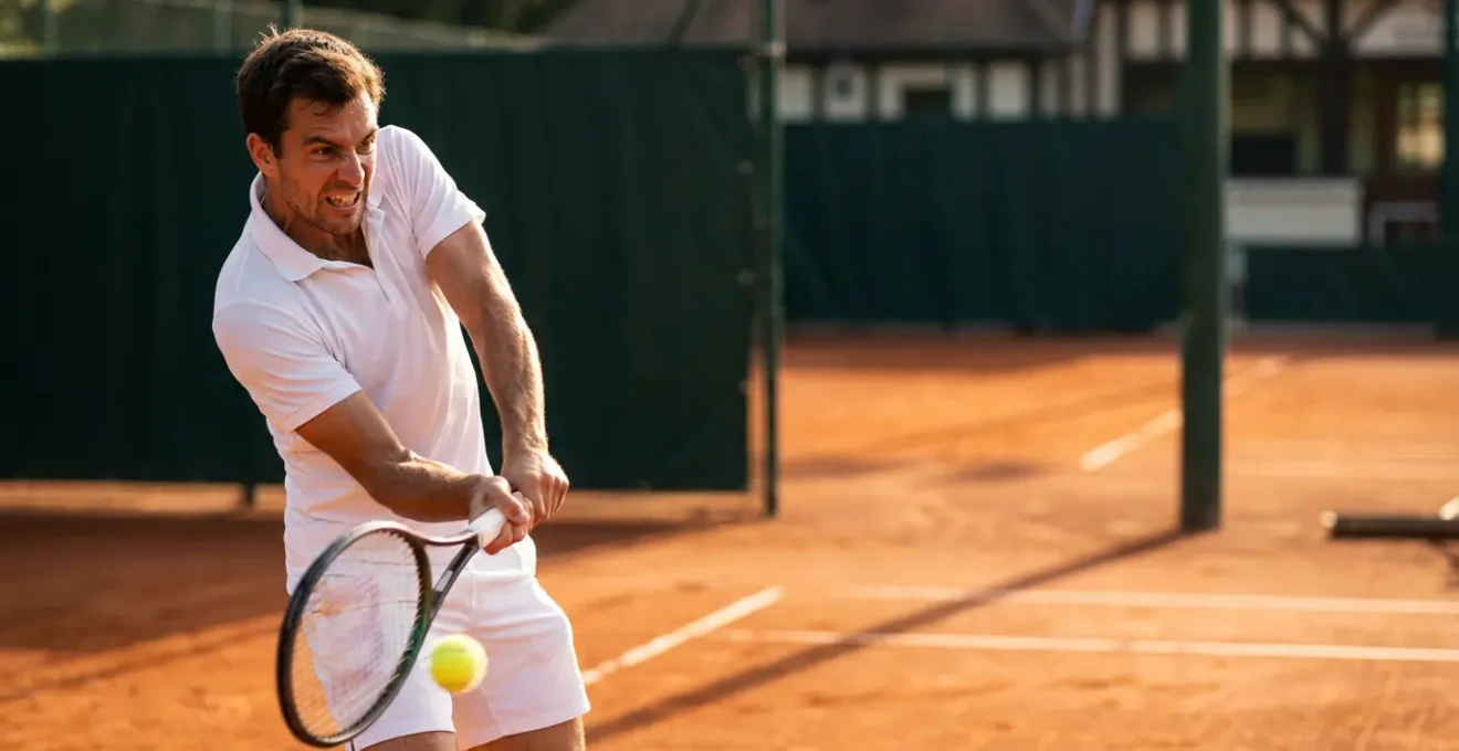 Joueur de tennis exécutant un coup droit lifté avec concentration et technique parfaite