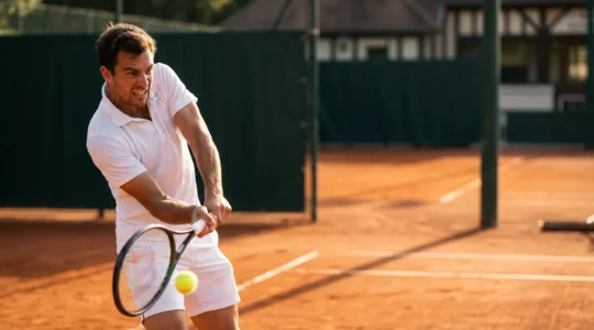 Joueur de tennis exécutant un coup droit lifté avec concentration et technique parfaite