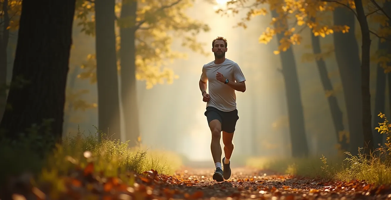 Coureur en forêt française lors d'une séance d'endurance fondamentale à allure modérée