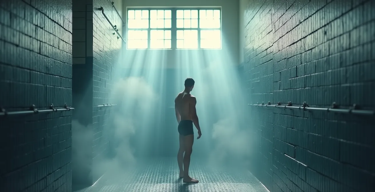 Sportif amateur utilisant la technique de douche alternée dans un vestiaire de club