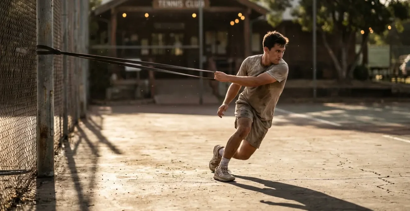 Échauffement dynamique d'un joueur sur un espace restreint près d'un club de tennis