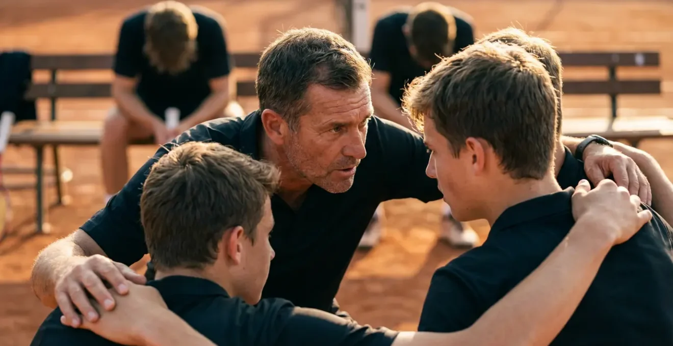 Équipe de tennis célébrant une victoire en championnat avec leur capitaine au centre