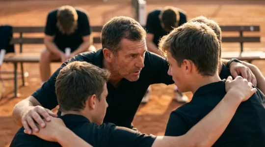 Équipe de tennis célébrant une victoire en championnat avec leur capitaine au centre