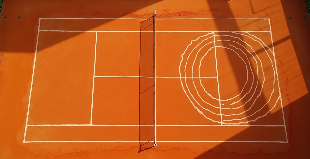 Vue aérienne d'un court de terre battue avec traces de glissades montrant le mouvement de rotation