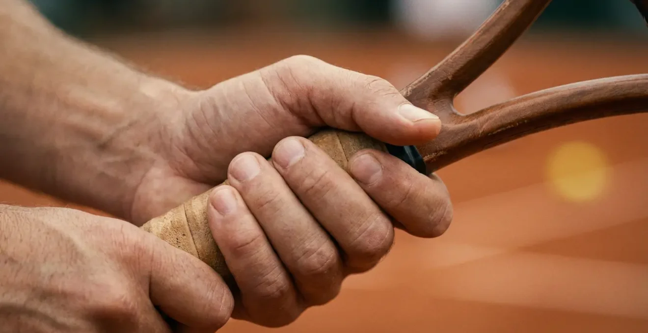 Vue macro d'une main tenant une raquette de tennis avec focus sur la prise et la tension musculaire