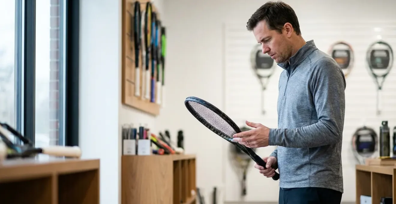 Expert analysant les caractéristiques techniques d'une raquette de tennis en magasin