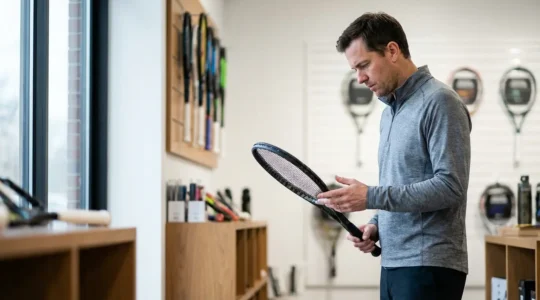 Expert analysant les caractéristiques techniques d'une raquette de tennis en magasin
