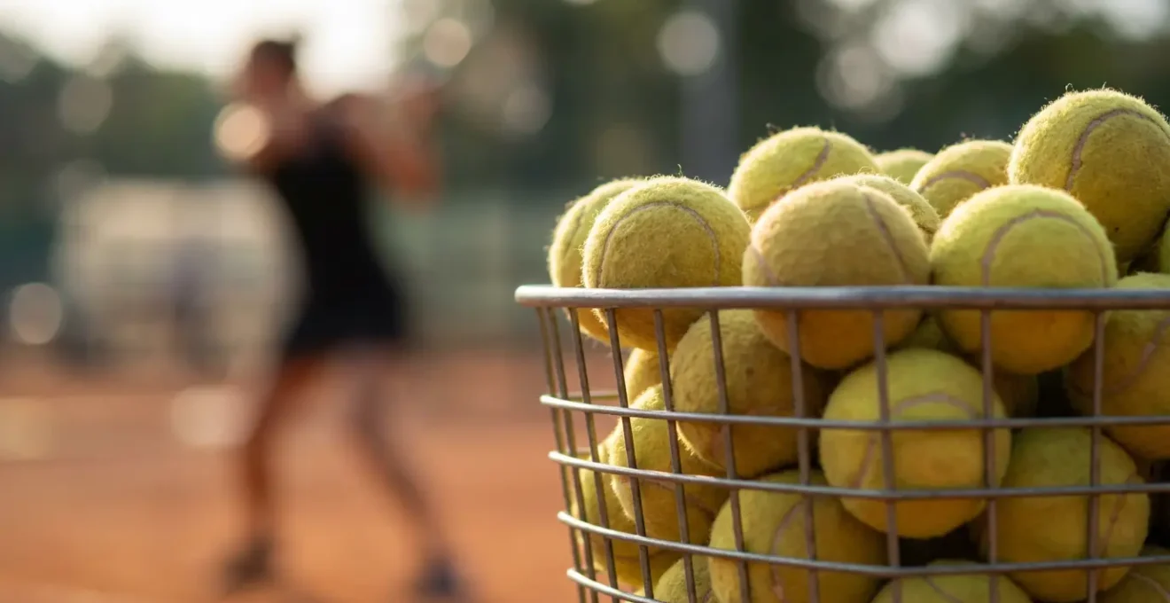 Gros plan sur un panier de balles de tennis avec un joueur en arrière-plan travaillant son revers de manière intensive