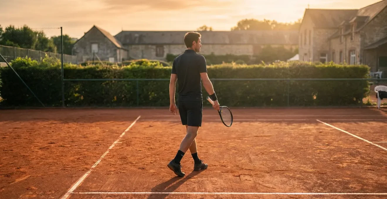 Joueur amateur en tenue technique moderne marchant avec assurance sur un court français