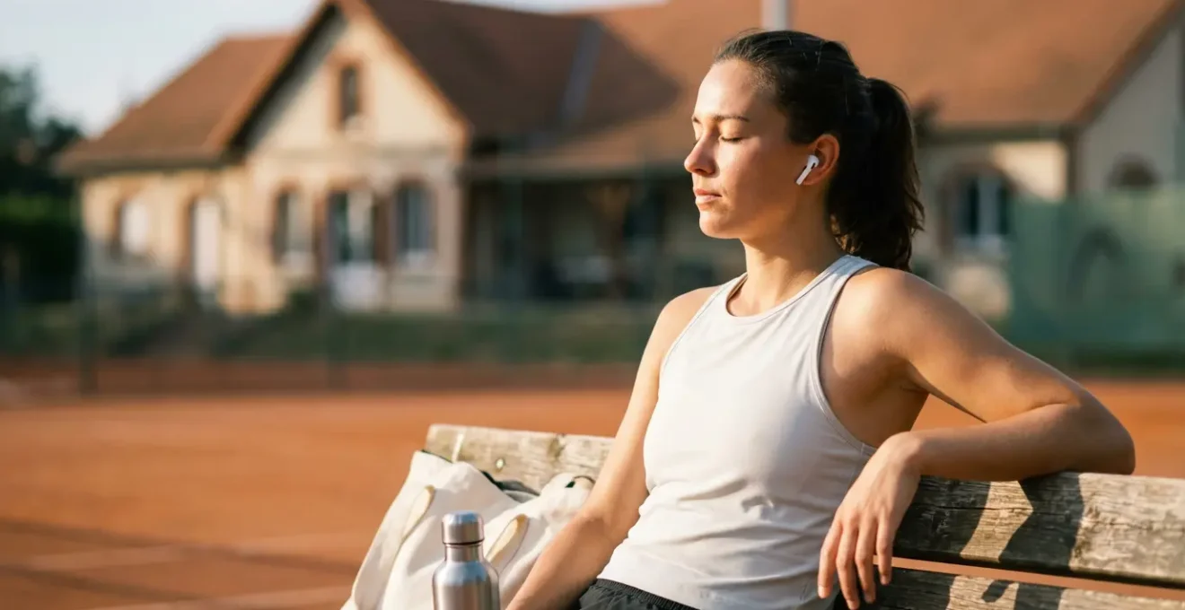 Joueur de tennis en phase d'attente active, alternant entre relaxation et préparation mentale dans l'espace club
