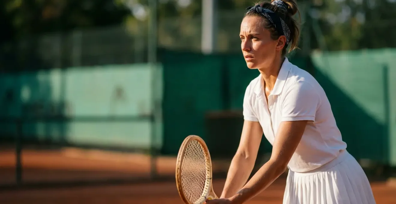 Joueur de tennis amateur en position de service sur terre battue française, concentration intense