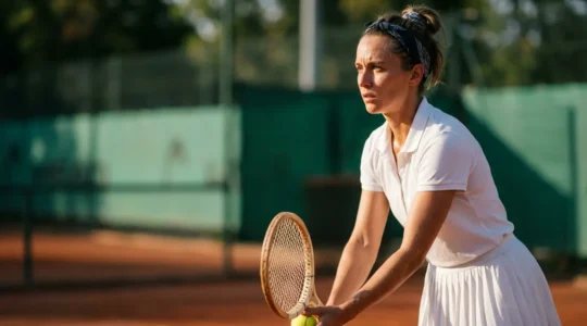 Joueur de tennis amateur en position de service sur terre battue française, concentration intense