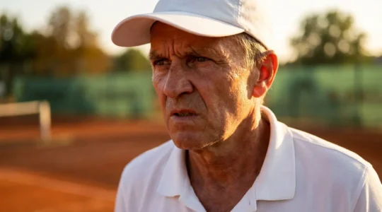 Joueur de tennis amateur face au stress du score 40-A sur court en terre battue