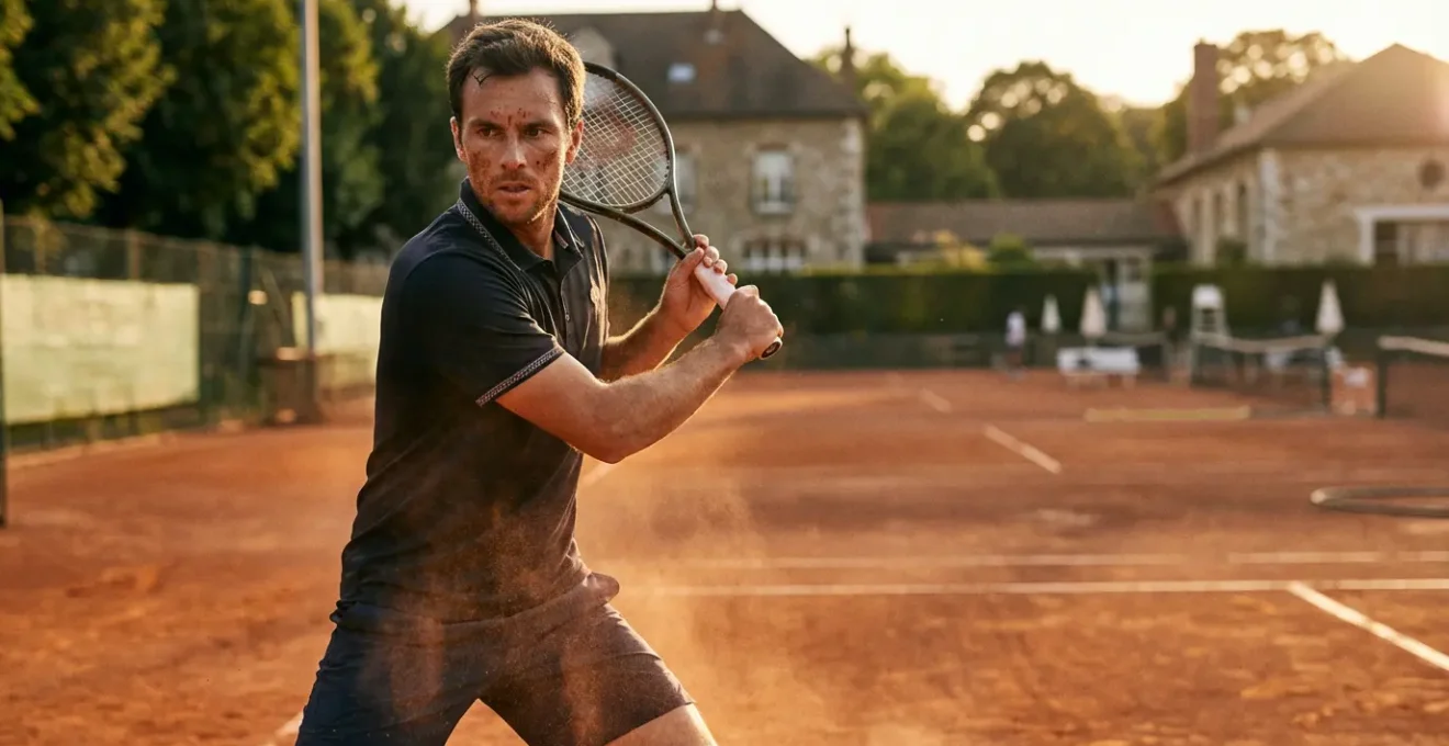 Joueur de tennis analysant son coup droit sur terre battue française