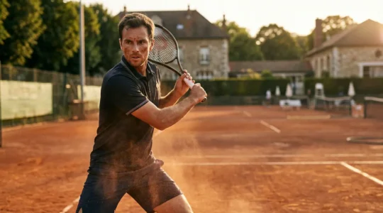 Joueur de tennis analysant son coup droit sur terre battue française