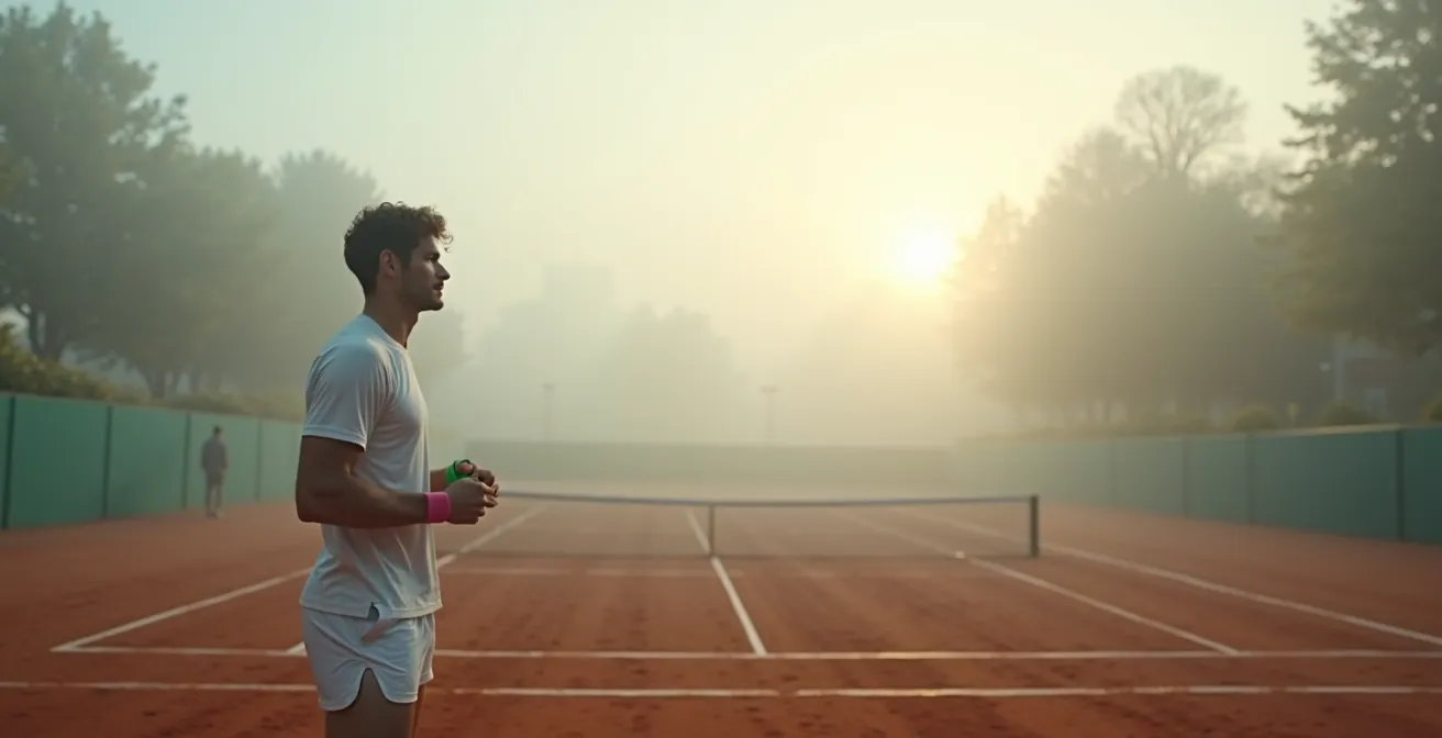 Joueur amateur réalisant des exercices d'activation avec élastique sur le court