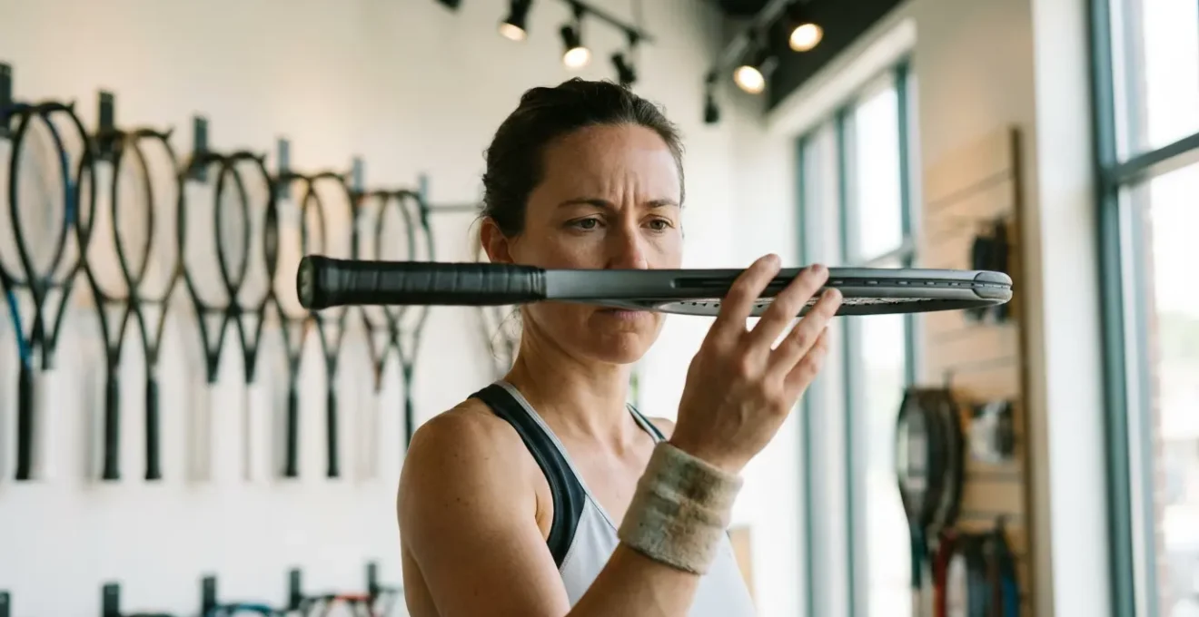 Joueur de tennis analysant différentes raquettes en graphite dans un magasin spécialisé