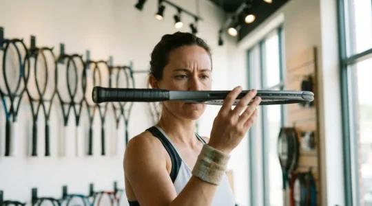 Joueur de tennis analysant différentes raquettes en graphite dans un magasin spécialisé