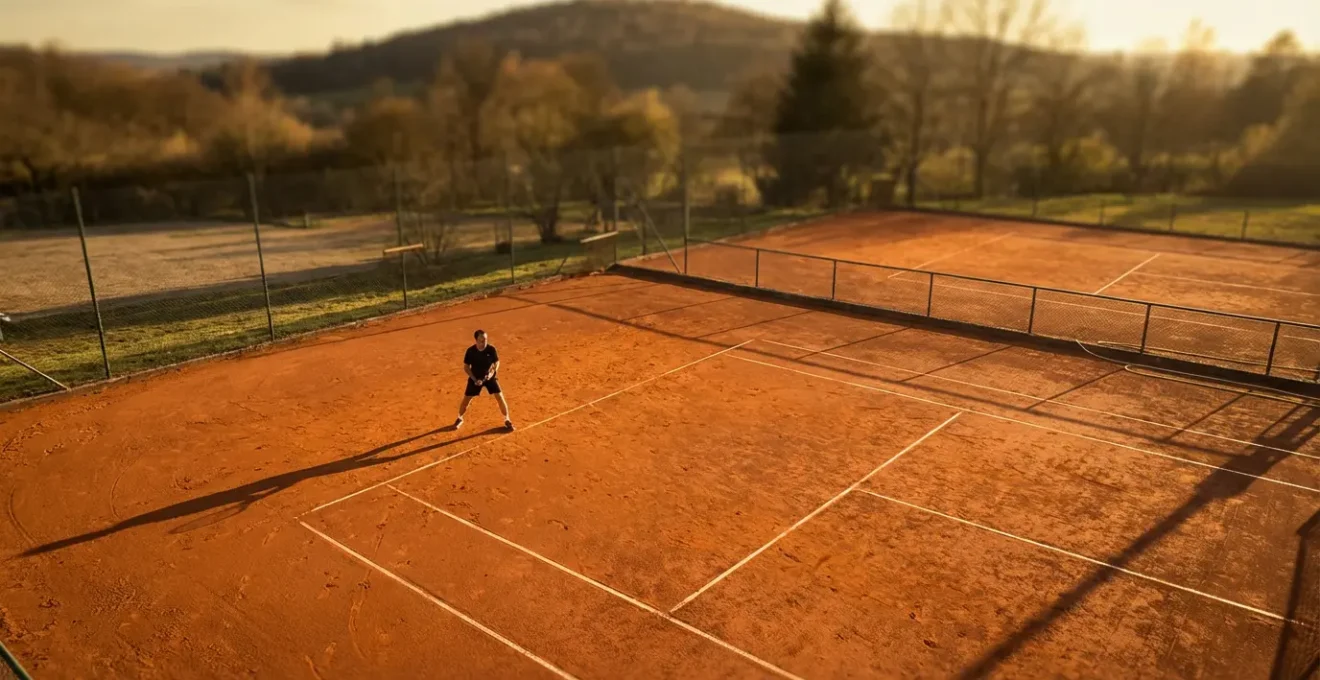 Vue d'ensemble d'un court de tennis avec un joueur en position de préparation