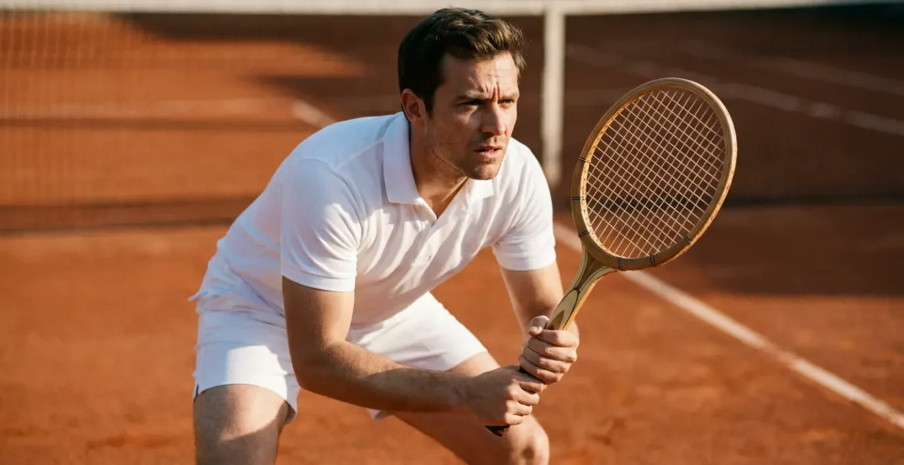 Joueur de tennis au filet en position de volée avec court de terre battue