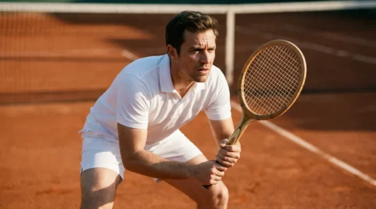 Joueur de tennis au filet en position de volée avec court de terre battue