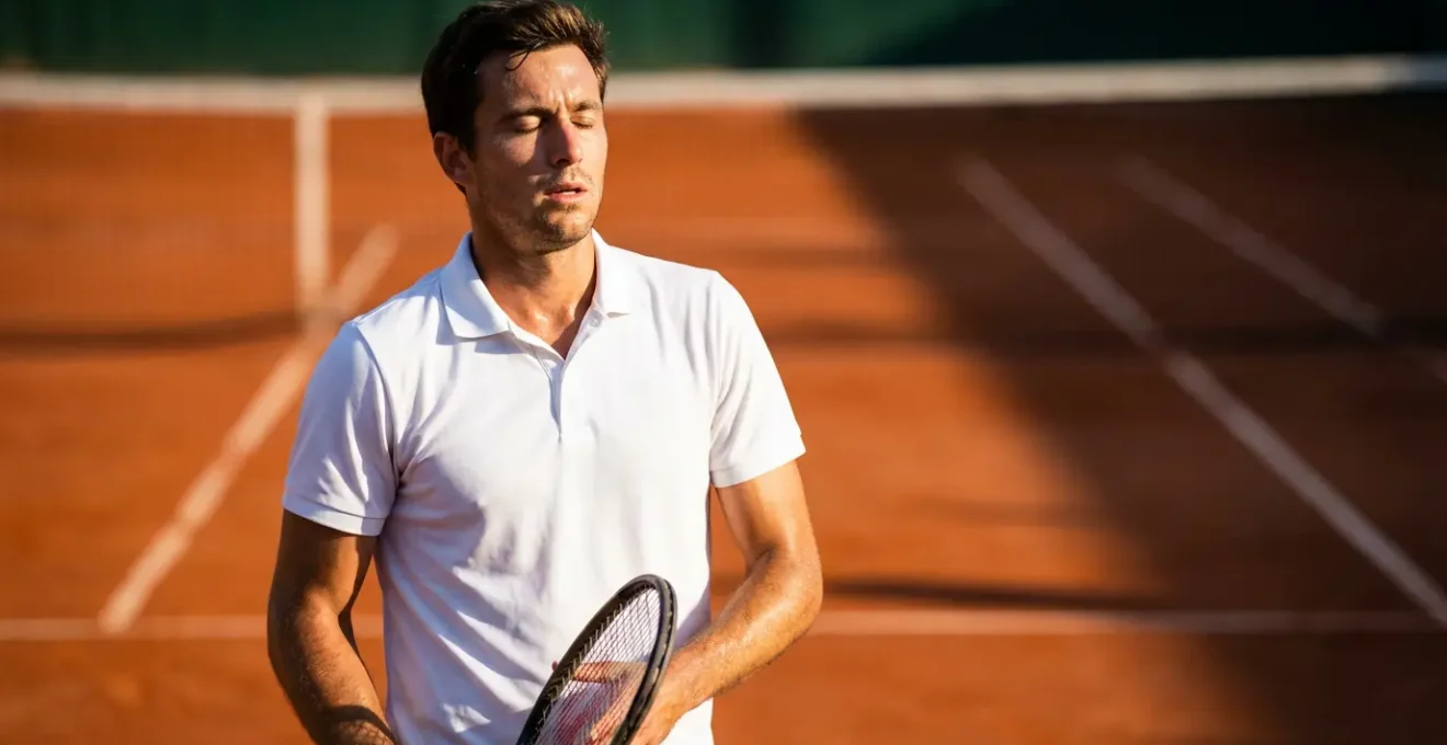 Joueur de tennis en pleine concentration mentale sur le court de terre battue