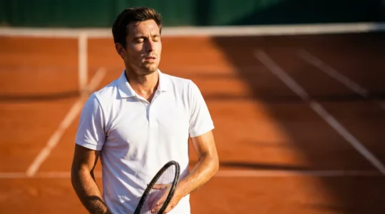Joueur de tennis en pleine concentration mentale sur le court de terre battue
